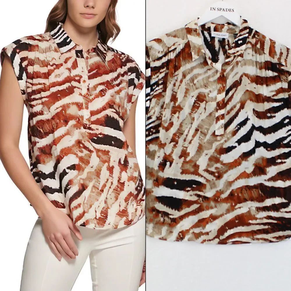 Calvin Klein Womens Animal Print Sleeveles BlackTerra Multi S